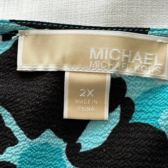 Michael Kors Blue Floral Print Dolman Sleeve Tie Waist Boxy Blouse 2X Lagenlook - Picture 3 of 8